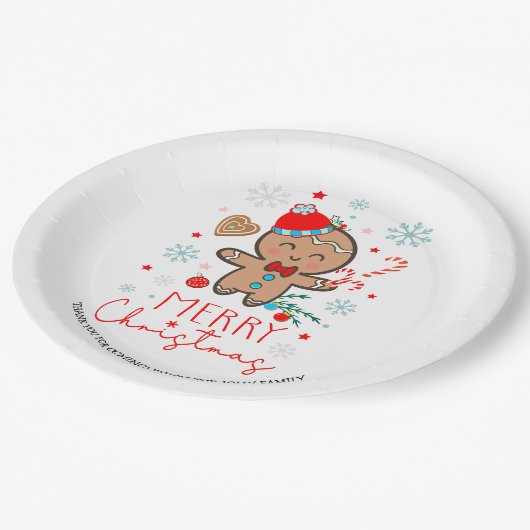 Gingerbread Man Cookie Snowflakes Frohe Weihnachte Pappteller (Schrägansicht)