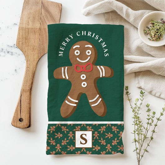 Gingerbread Man Green Monogram Frohe Weihnachten Geschirrtuch