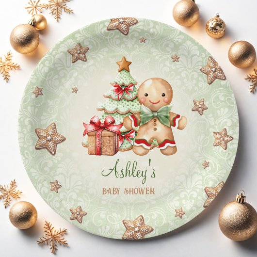 Gingerbread Man Green Red Christmas Baby Dusche Pappteller
