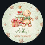 Gingerbread Man Green Red Christmas Baby Dusche Runder Aufkleber<br><div class="desc">Ein kleiner Mann ist unterwegs! Weihnachtsjunge Duschkleber mit einem bezaubernden Lebkuchenmann,  Weihnachtsbaum,  Geschenk und Schneeflocken in den klassischen Grün-,  Rot- und Beige Weihnachtsfarben. Kate Eden Art</div>