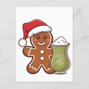 Gingerbread Man Holding Matcha Drink Weihnachten Ankündigungspostkarte