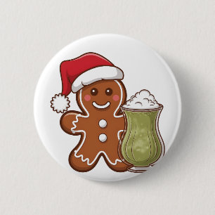 Gingerbread Man Holding Matcha Drink Weihnachten Button
