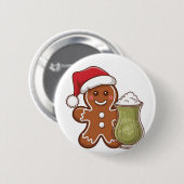 Gingerbread Man Holding Matcha Drink Weihnachten Button (Vorne & Hinten)