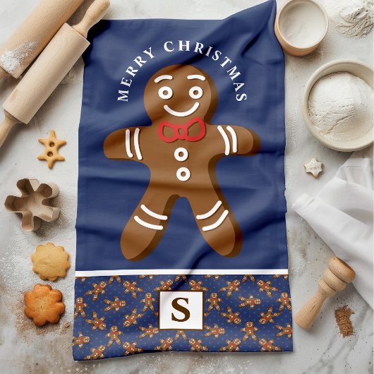 Gingerbread Man Navy Monogram Frohe Weihnachten Geschirrtuch