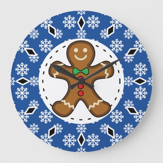 Gingerbread Man on Blue White Snowflakes Pattern Große Wanduhr (Vorderseite)
