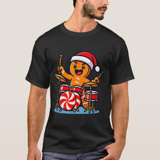 Gingerbread Man Playing Drums T-Shirt (Vorderseite)