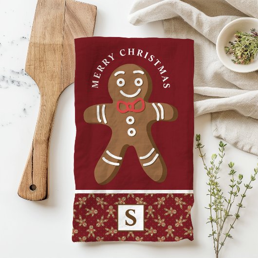 Gingerbread Man Red Monogram Frohe Weihnachten Geschirrtuch