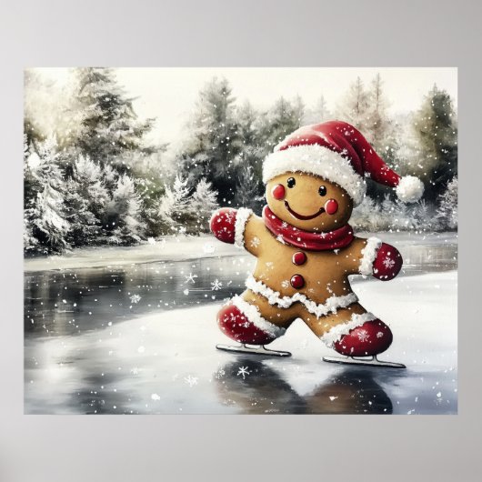 Gingerbread Man Skating Print Christmas Art Poster (Vorne)