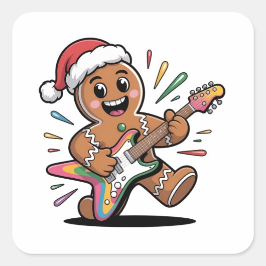 Gingerbread Man spielt Gitarre Electric Santa Quadratischer Aufkleber (Vorderseite)