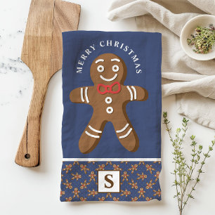 Gingerbread Mann Navy Monogramm Frohe Weihnachten Geschirrtuch