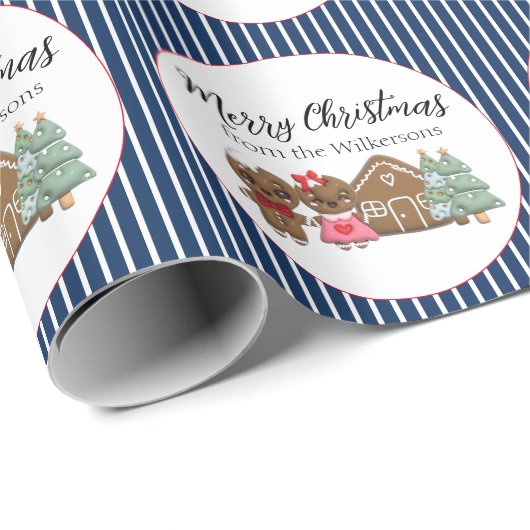 Gingerbread Menschen froh Weihnachts Blue Striped Geschenkpapier (Rolleneckpunkt)