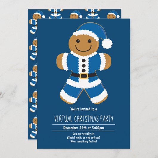 Gingerbread Santa Blue Virtual Christmas Party Einladung (Vorne/Hinten)