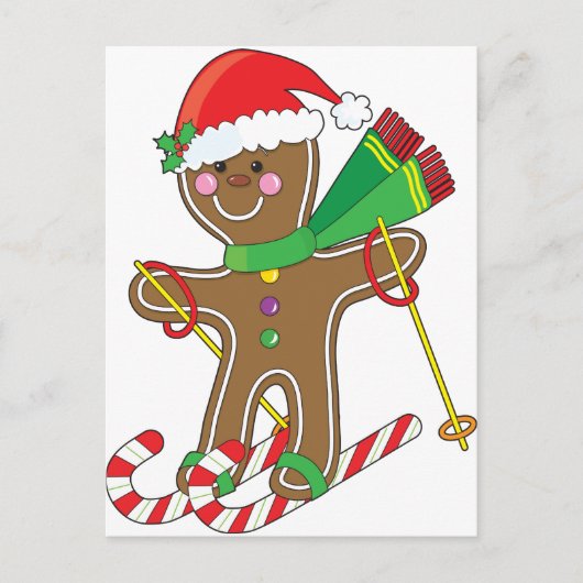 Gingerbread Skier Feiertagspostkarte (Vorderseite)