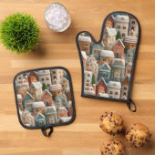 Gingerbread Snow Frosted Village Kitchen Ofenhandschuh & Topflappen-Set (Oben Unten)