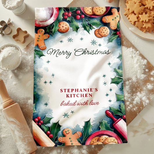 Gingerbread und Holly Frohe Weihnachten Personalis Geschirrtuch
