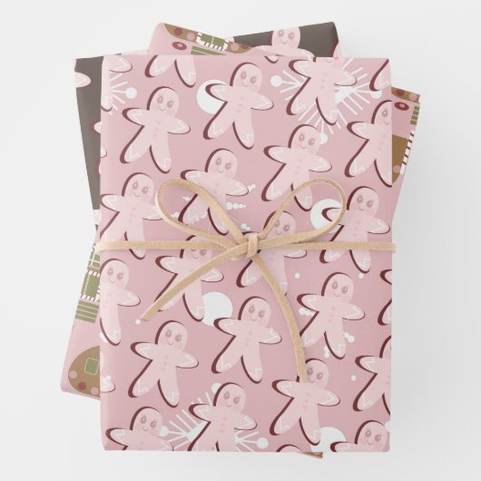 Gingerbrei Man House Weihnachtsschneeflocken Rosa Geschenkpapier Set (Beispiel)
