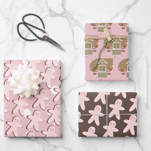Gingerbrei Man House Weihnachtsschneeflocken Rosa Geschenkpapier Set (Vorderseite)
