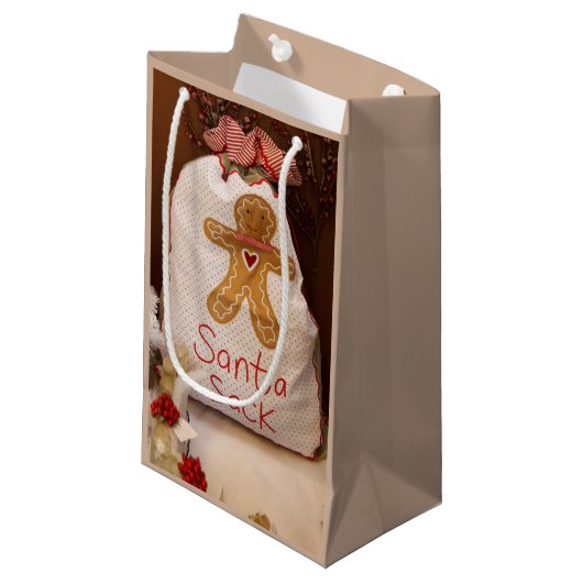 Gingerbrei Man Santa Sack Kleine Tan Geschenktasch Geschenktüte (Vorderseite Schrägansicht)