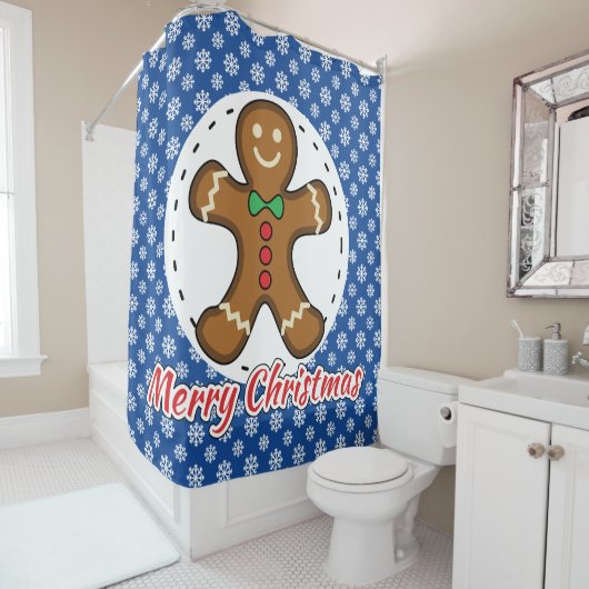Gingerbrot - Blaue Schneeflocken Muster - Merry Xm Duschvorhang (Beispiel)