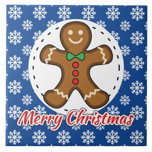 Gingerbrot - Blaue Schneeflocken Muster - Merry Xm Fliese (Vorderseite)