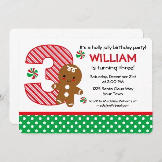 Gingerbrot Boy 3. Geburtstag Einladung (Vorne/Hinten)