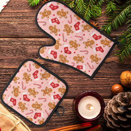 Gingerbrot Candy Cane Strumpf Weihnachtsrosa Ofenhandschuh & Topflappen-Set