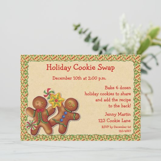 Gingerbrot Feiertag Cookie Swap Einladung (Stehend Vorderseite)