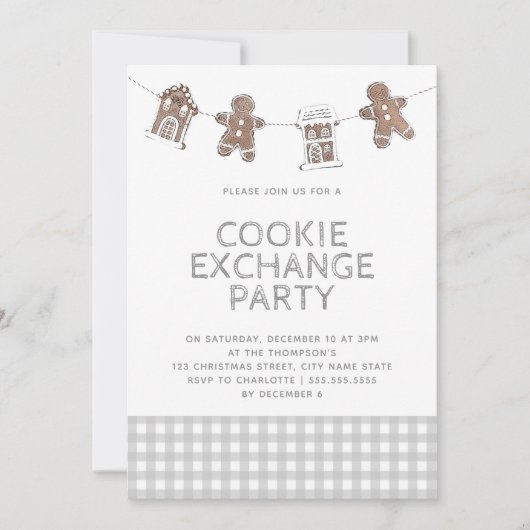 Gingerbrot Gray Gingham Cookie Exchange Swap Einladung (Vorderseite)