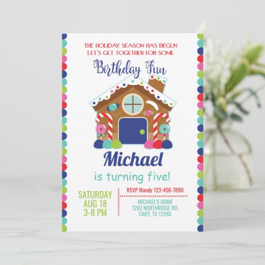 Gingerbrot Haus Weihnachtsjunge Einladung. Einladung (Stehend Vorderseite)
