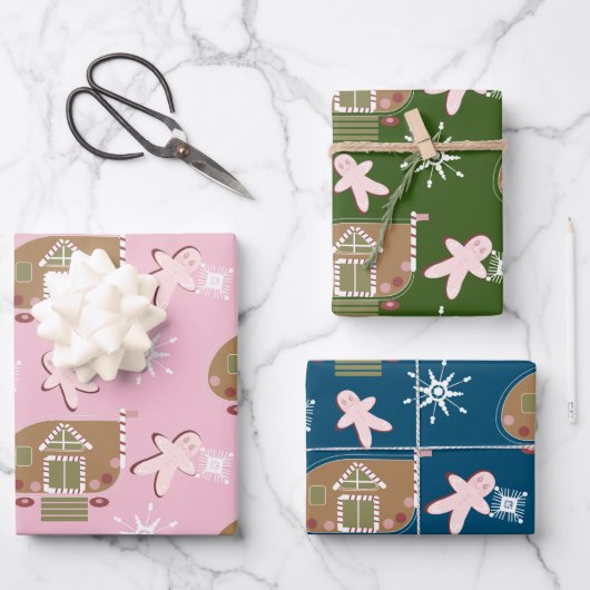 Gingerbrot Häusliche Cookies Rosa Schneeflocken Geschenkpapier Set (Vorderseite)