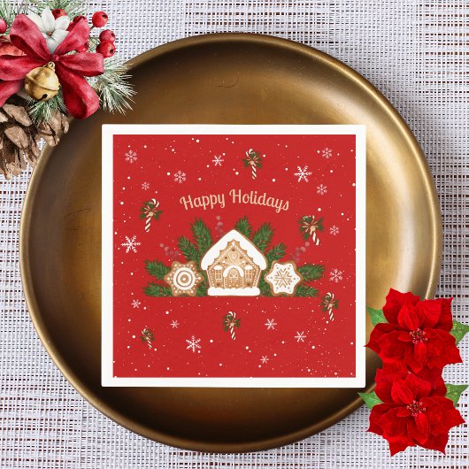 Gingerbrot House Happy Holidays Party Red Green Serviette