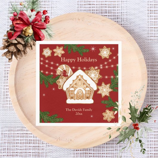 Gingerbrot House Happy Holidays Party Red Green Serviette