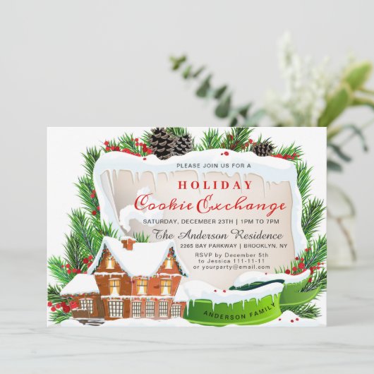 Gingerbrot House, Man Holiday Cookie Exchange Einladung (Stehend Vorderseite)