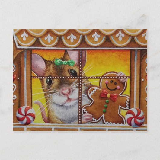 Gingerbrot House Mouse & Cookie Wasserfarbe Kunst Postkarte (Vorderseite)
