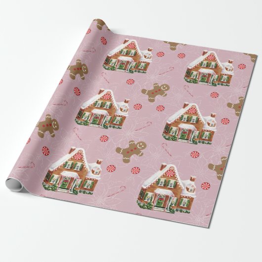 Gingerbrot House Pink Weihnachtswrapping Paper Geschenkpapier (Ungerollt)