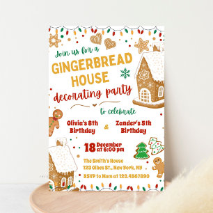 Gingerbrot House Sibling Double Birthday Einladung