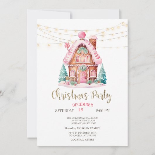 Gingerbrot House String Lights Weihnachten Einladung (Vorderseite)