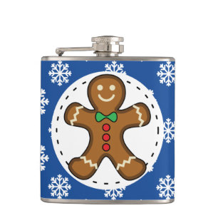 Gingerbrot Man on Blue White Snowflakes Pattern Flachmann