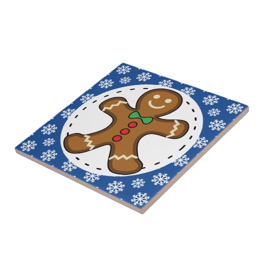 Gingerbrot Man on Blue White Snowflakes Pattern Fliese (Seite)