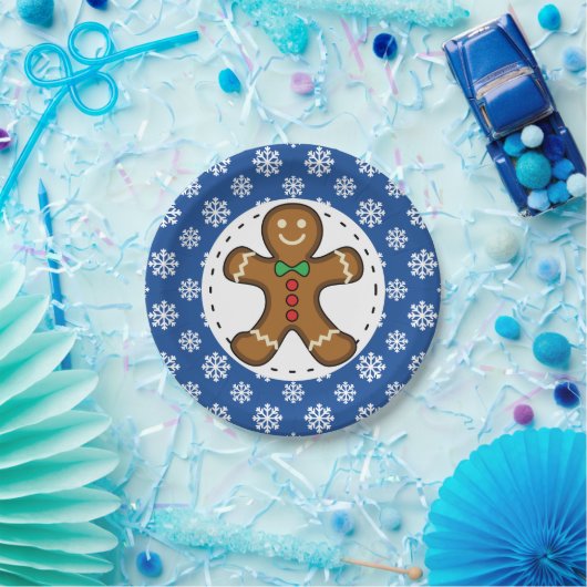 Gingerbrot Man on Blue White Snowflakes Pattern Pappteller (Party)