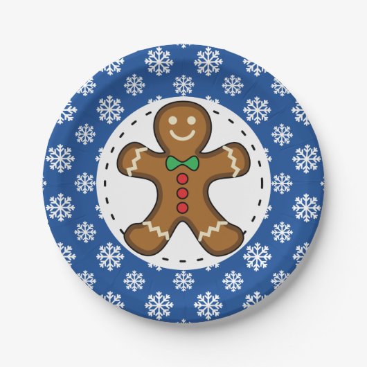 Gingerbrot Man on Blue White Snowflakes Pattern Pappteller (Vorderseite)