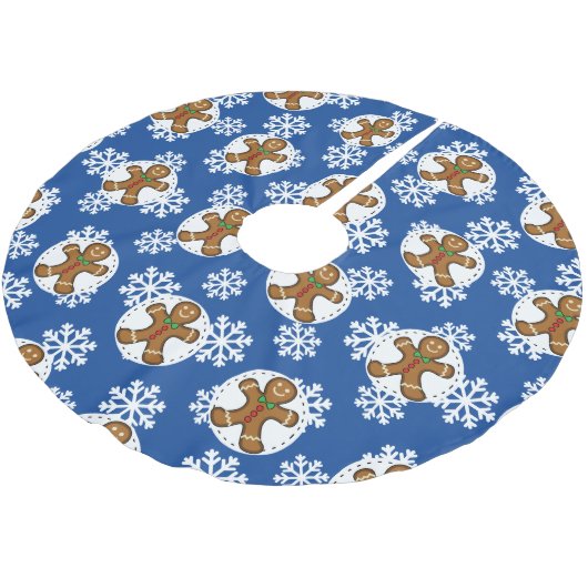 Gingerbrot Man on Blue White Snowflakes Pattern Polyester Weihnachtsbaumdecke (Schrägansicht)