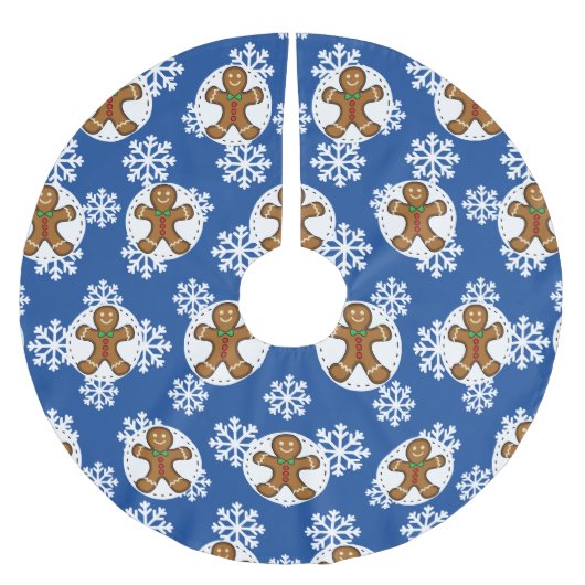 Gingerbrot Man on Blue White Snowflakes Pattern Polyester Weihnachtsbaumdecke (Vorderseite)