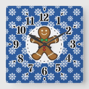 Gingerbrot Man on Blue White Snowflakes Pattern Quadratische Wanduhr
