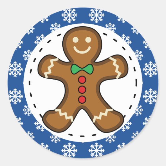 Gingerbrot Man on Blue White Snowflakes Pattern Runder Aufkleber (Vorderseite)