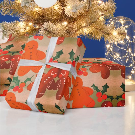 Gingerbrot Men Holly Berries Geschenkpapier (Feiertage)