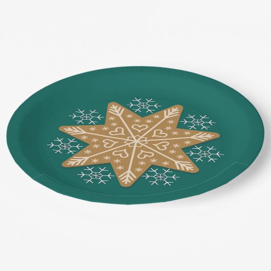 Gingerbrot Stern und Schneeflocken Weihnachten Pappteller (Schrägansicht)