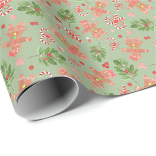 Gingerbrot und Holly Branches GREEN Wrapping Pape Geschenkpapier