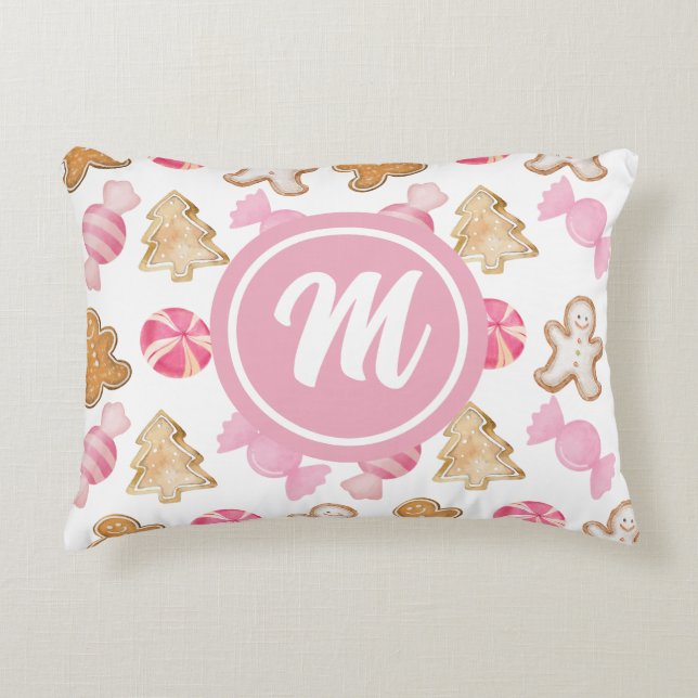 Gingerbrot und Sugarplum Pink Monogram Muster Dekokissen (Vorderseite)
