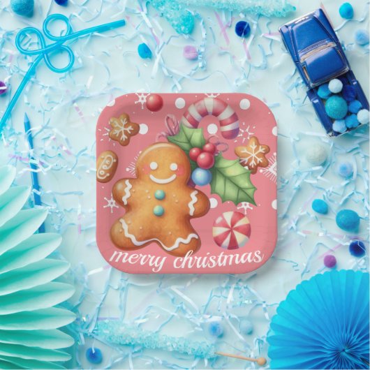 Gingerbrot Weihnachten Peppermint Blauer Name Rosa Pappteller (Party)